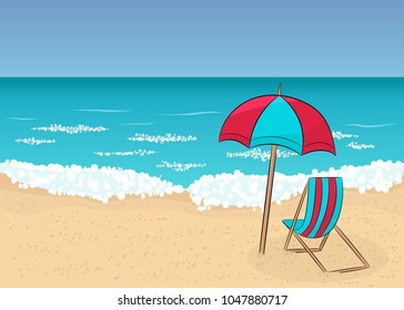 Vector picture with vacation at sea: beach umbrella and chaise longue on the beach on a sunny day, vacation and relaxation