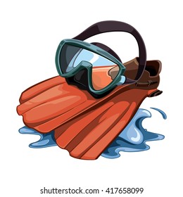 Vector picture with Water mask and red flippers on water splash. Flippers isolate on white background