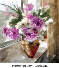 Vector picture watercolor paints: a bouquet of peonies in a glass vase