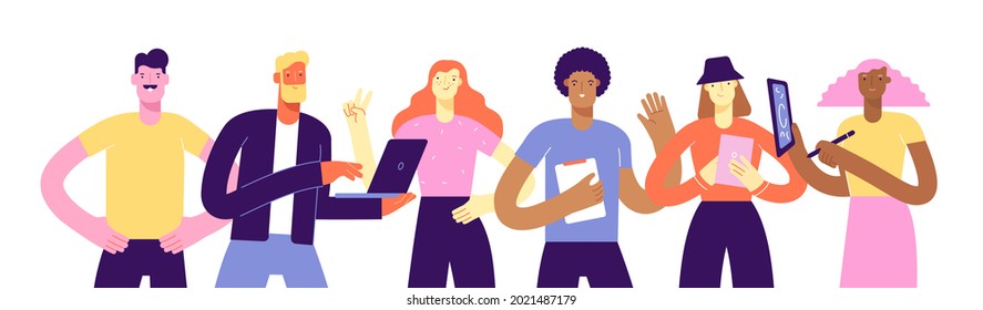 Vector picture for web banner. Modern business characters with devices in their hands. A team of people of modern professions. Illustration in flat design, isolated on white 