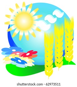 Vector picture of wheat, the sun and the sky.