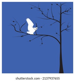 vector picture with white owl sitting on the black tree