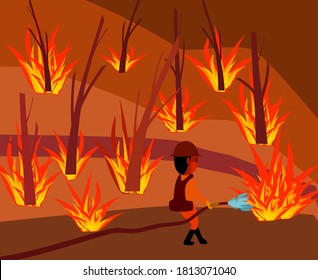 Vector Picture Of Wildfire At Angels National Forest California And Firefighter Try To Stop Forest Fire.vector Illustration 