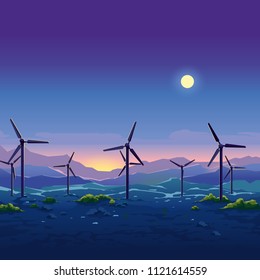 vector picture wind farm, faithful generators on a background of a desert landscape at night