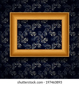 Vector picture wooden frame on wall, vintage grunge wallpaper.