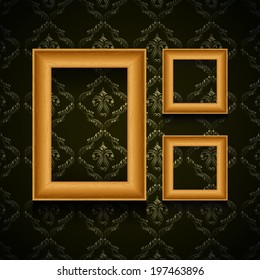 Vector picture wooden frames on wall, vintage wallpaper.