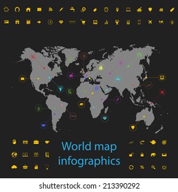 Vector picture of world map at night with points and icons, infographics for activity. Pictograms of tree, cup, airplane, jet, balloon, bag, percentage, diamond, glasses, clock, elephant, home, house.