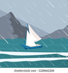 Vector picture yacht regatta off the coast. Vector illustration of a cartoon regatta yachts near the coast in the pouring rain. The concept of sports going to the ocean on a yacht. Sailing
