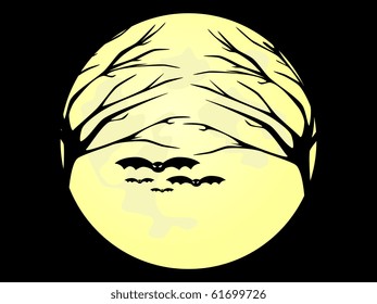 Vector picture with yellow man, trees abd bats
