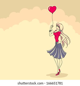 Vector picture with young elegant woman holding balloon. Yellow and pink colors / Love and balloons