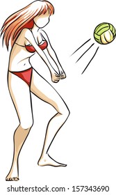 The vector picture with the young girl who plays volleyball on a beach. The woman has long red hair and a red bathing suit. Pale color palette. 