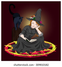 A vector picture of a young witch, who is reading a book sitting in a magic circle, and her black cat.