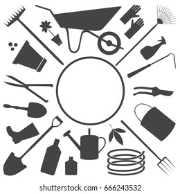 Vector picture,a set of garden tools in simple graphics.Objects are arranged in a circle and an empty place in the center for the inscription.Isolated dark gray image on a white background.