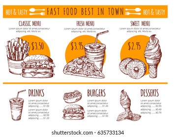 Vector pictures of bistro menu. Restaurant fast food vector hand drawn illustrations. Dessert for lunch. Design template with place for your text