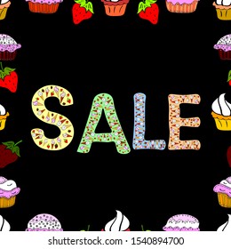 Vector. Pictures in black, yellow, white colors. Seamless. Art illustration of logotype for sale, give away, discount, sell out, clearance, closeout, fashion. Promotional design for banner on website.