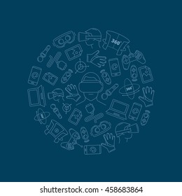 Vector pictures in circle shape of virtual reality accessories. 360 degree view. Elements isolate on dark background