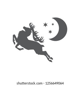 Vector pictures a deer and the moon with stars. Set of vector icons. Christmas New Year's plot. Flat design. Monohrome
