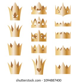 Vector pictures of different shapes crowns golden metal color. Elements for fairytale, jewelry , children design.