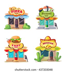 Vector pictures of food markets. European, Mexican, Itallian and japan food.