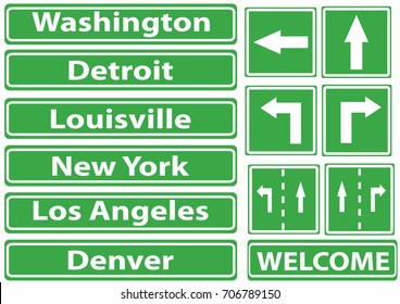 Vector pictures of green road signs with the names of 5 cities and 3 sign with arrow directions and the drawing rack for mounting the sign.
