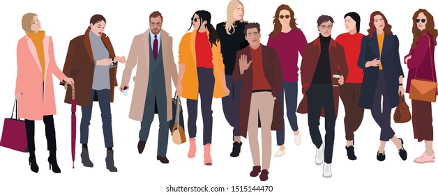 Vector pictures on the theme of beautiful  women  and  men in casual wear in various poses on a white background.