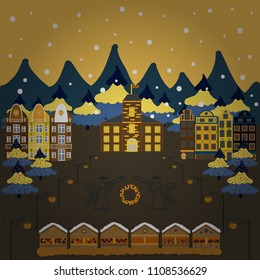 Vector. Pictures on yellow, green and blue colors and Christmas tree. Holiday mood. Little houses on cute landscape.