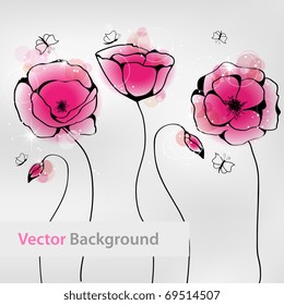 Vector pictures with pink poppy flowers and butterflies