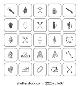 conjunto de imágenes vectoriales de 25 iconos de camping al aire libre con fondo blanco