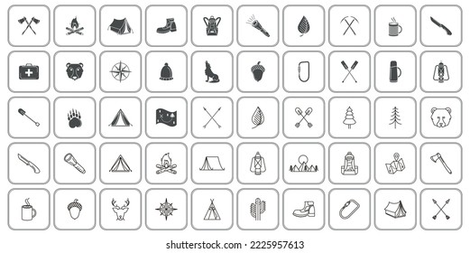 conjunto de imágenes vectoriales de 50 iconos de camping al aire libre con fondo blanco