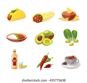 vector pictures set of Mexican traditional food. Meat, avocado, tequila. Illustration isolate on white background