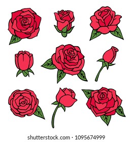 Vector pictures set of various roses. Love symbols flower. Collection of floral romantic illustration