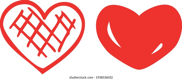Vector pictures of two red hearts. Perfect for printing on T-shirts, posters, wall murals, mugs, glasses, sun loungers, banners, roll-ups and any other printing materials. Vector eps format.