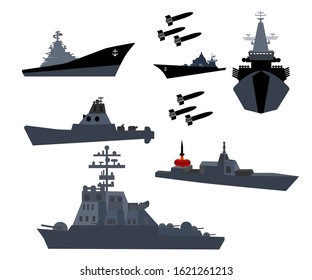 Vector Pictures Of Warships. Military Boat Transportation, Navy Vessel Illustration