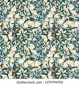 Vector. Pictures witg tropical butterflies. Perfect for wallpapers, web page backgrounds, surface textures, textile. Seamless floral summer pattern background on white, blue and beige colors.
