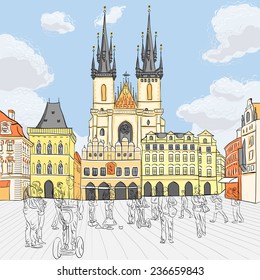 Vector picturesque view over Old Town square in Prague, Czech Republic 