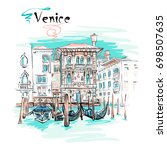 Vector picturesque view with Palazzo in Venetian Gothic style on the Grand Canal in summer day, Venice, Italy.