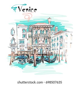 Vector picturesque view with Palazzo in Venetian Gothic style on the Grand Canal in summer day, Venice, Italy.