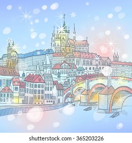 Vector Picturesque winter view of Christmas Prague landscape with Prague Castle and Charles Bridge