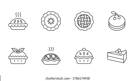 Vector pie, cake icons. Editable stroke. Apple strawberry dessert with pumpkin jam cheesecake. Christmas with mistletoe, sweet with cherry