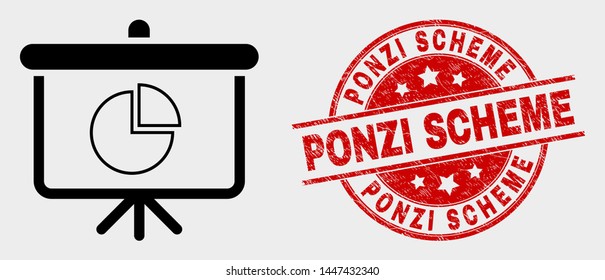 Vector pie chart demonstration board icon and Ponzi Scheme stamp. Red round textured stamp with Ponzi Scheme caption. Vector combination for pie chart demonstration board in flat style.