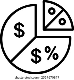 Vector of a pie chart with dollar signs and discount segments concept as A dynamic vector illustration of a pie chart divided into segments with dollar signs and discount icons isolated on white. Idea