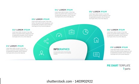 Vector pie chart infographic template in the form of abstract shape divided by seven parts.