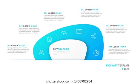 Vector pie chart infographic template in the form of abstract shape divided by six parts.