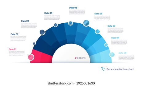 Vector pie chart infographic template in the form of semicircle divided by nine parts.