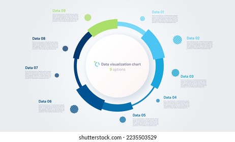 Vector pie chart infographic template in the form of pie chart divided by 9 parts.