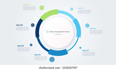 Plantilla infográfica de gráfico circular vectorial en forma de gráfico circular dividido por 7 partes.