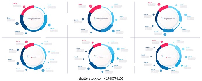 Infografik-Vorlagen für Vektorpie-Diagramme in Form von Kuchendiagrammen. 5 6 7 8 9 10 Optionen.