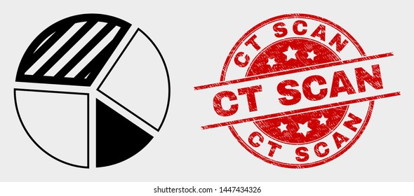 Vector pie chart pictogram and Ct Scan seal stamp. Red rounded textured seal stamp with Ct Scan caption. Vector composition for pie chart in flat style. Black isolated pie chart pictogram.