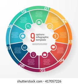 Vector pie chart template for graphs, charts, diagrams. Business circle infographic concept with 9 options, parts, steps, processes.