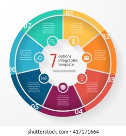 Vector Pie Chart Template For Graphs, Charts, Diagrams. Business Circle Infographic Concept With 7 Options, Parts, Steps, Processes.